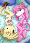  anthro bbmbbf bed blonde_hair breasts butt cat cute digital_media_(artwork) duo erect_nipples feline female green_eyes hair long_hair looking_at_viewer mammal nipples one_eye_closed palcomix pillow pink_hair red_eyes smile wink 