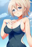  9law :o aoyama_blue_mountain blue_eyes blue_sky blush breasts brown_hair cloud competition_school_swimsuit day eyebrows eyebrows_visible_through_hair gochuumon_wa_usagi_desu_ka? large_breasts looking_at_viewer one-piece_swimsuit short_hair sky solo swimsuit wet 