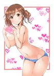  blush breasts brown_eyes brown_hair gaichi groin heart heart_hands idolmaster idolmaster_cinderella_girls large_breasts looking_at_viewer navel panties smile solo thighs topless totoki_airi twintails underwear 