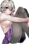  anastasia_(idolmaster) ariaridoradora black_legwear blue_eyes blush highres idolmaster idolmaster_cinderella_girls leg_hug pantyhose ribbed_sweater short_hair silver_hair smile solo sweater transparent_background 