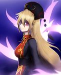  black_dress blonde_hair chinese_clothes commentary_request crescent crying crying_with_eyes_open dress energy fox_tail from_side glowing glowing_eye gnlo hair_between_eyes hat junko_(touhou) long_hair long_sleeves looking_at_viewer multiple_tails red_eyes sash shaded_face sidelocks solo tabard tail tears touhou upper_body wide_sleeves 