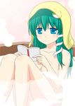  :/ bath blue_eyes blush book breasts collarbone commentary_request cpu_(hexivision) frog_hair_ornament green_eyes hair_ornament holding holding_book knees_up kochiya_sanae large_breasts long_hair nude partially_submerged reading snake_hair_ornament solo steam touhou towel towel_on_head 