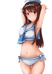  absurdres arms_up bikini brown_hair collarbone hairband hat highres idolmaster idolmaster_million_live! long_hair looking_at_viewer navel raidensan red_eyes sailor_bikini sailor_collar sailor_hat sailor_swimsuit_(idolmaster) silver_hairband smile solo standing stomach swimsuit tanaka_kotoha 