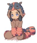  1girl bangs black_hair blush brown_jumpsuit colored_shadow cosplay creatures_(company) full_body game_freak gen_7_pokemon hapu&#039;u_(pokemon) hood hood_up jumpsuit long_hair looking_at_viewer mudsdale mudsdale_(cosplay) nekono_rin nintendo parted_bangs parted_lips pokemon pokemon_(creature) pokemon_(game) pokemon_sm purple_eyes shadow sitting solo thick_eyebrows wariza white_background 