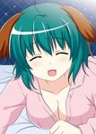  :d ^_^ animal_ears blush breasts cleavage closed_eyes collarbone commentary_request cpu_(hexivision) dog_ears facing_viewer green_hair kasodani_kyouko large_breasts long_sleeves lying on_bed on_stomach open_mouth pink_shirt shirt short_hair smile solo touhou unbuttoned 