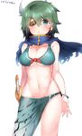  :&lt; aqua_bikini aqua_eyes artist_name bangs bare_arms bikini blue_scarf blush boruhis breasts cleavage closed_mouth cowboy_shot eyebrows eyebrows_visible_through_hair eyepatch front-tie_top green_hair groin hair_between_eyes hat highres kantai_collection kiso_(kantai_collection) large_breasts looking_at_viewer navel sarong scarf shiny shiny_hair short_hair simple_background solo standing stomach swimsuit sword weapon white_background 