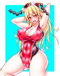  armpits ass_visible_through_thighs blonde_hair breasts cameltoe competition_swimsuit covered_nipples curvy harumi_(harumix) junko_(touhou) large_breasts long_hair one-piece_swimsuit puffy_nipples red_eyes solo swimsuit touhou wide_hips 