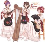 3girls apron bracelet brown_eyes brown_hair chair closed_eyes collarbone commentary dress earrings fan flower folding_fan hair_flower hair_ornament hair_up hairband harp highres horikawa_raiko instrument jewelry leona_(instrument) mefomefo mexican_dress mexico multiple_girls music necklace playing_instrument purple_hair red_hair shoes short_hair simple_background sitting standing tambourine touhou tsukumo_benben tsukumo_yatsuhashi white_background white_dress white_shoes 