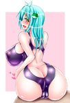  aqua_hair ass blush breasts competition_swimsuit frog_hair_ornament hair_ornament harumi_(harumix) heart heart-shaped_pupils huge_ass huge_breasts impossible_clothes impossible_swimsuit kochiya_sanae long_hair one-piece_swimsuit open_mouth orange_eyes sitting solo swimsuit symbol-shaped_pupils touhou 