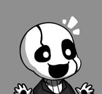  :3 bright_pupils chibi grey_background greyscale gyate_gyate hands lowres monochrome no_humans open_mouth ribbed_sweater simple_background smile solo sweater turtleneck undertale upper_body w.d._gaster white_pupils yaruky 