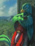  2016 abs anthro athletic avian beak bird bulge chunie claws clothed clothing cloud detailed_background digital_media_(artwork) feathers hi_res loincloth male outside quetzal sky solo standing temple topless wings 