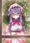  artist_name bespectacled blue_bow blush book bow crescent crescent_hair_ornament dress fish glasses hair_bow hair_ornament hat highres long_hair long_sleeves looking_at_viewer mob_cap patchouli_knowledge popuru purple_eyes purple_hair red-framed_eyewear red_bow sidelocks solo striped striped_dress touhou wide_sleeves window 