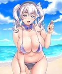  ass_visible_through_thighs beach belly beret bikini blue_eyes blush breasts commentary_request curvy day detached_collar hat highres kantai_collection kashima_(kantai_collection) large_breasts lawson looking_at_viewer navel open_mouth plump silver_hair skindentation solo swimsuit thick_thighs thighs tsurime twintails wavy_hair wide_hips yoohi 