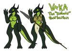  breasts clothed clothing dragonborn dungeons_&amp;_dragons english_text female horn melee_weapon model_sheet nude polearm reptile scalie skull solo spear standing text weapon 