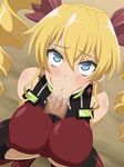  1girl ahegao bare_shoulders blonde_hair blue_eyes blush breasts claire_harvey drill_hair erect_nipples fellatio hundred large_breasts long_hair miyamaya nude oral squatting sweat twintails 