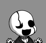  chibi grey_background greyscale gyate_gyate hands lowres monochrome no_humans open_mouth ribbed_sweater simple_background smile solo sweater turtleneck undertale uneven_eyes upper_body w.d._gaster yaruky 