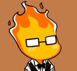  blush bow bowtie brown_background chibi fire glasses grillby gyate_gyate lowres male_focus simple_background solo undertale upper_body vest yaruky 