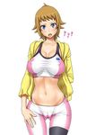  arms_behind_back ass_visible_through_thighs blue_eyes blush breasts brown_hair cameltoe cleavage collarbone covered_nipples cowboy_shot gegera gundam gundam_build_fighters gundam_build_fighters_try hand_in_pocket hand_on_thigh highres hoshino_fumina huge_breasts jacket large_breasts looking_at_viewer midriff navel open_clothes open_jacket open_mouth simple_background sleeves_past_elbows solo sweat taut_clothes teeth white_background 