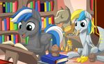  blue_eyes blue_hair book claws duo equine fan_character feathered_wings feathers feral fur grey_feathers grey_fur hair hooves hybrid male mammal my_little_pony mysticalpha open_mouth pegasus sitting standing white_hair wings 