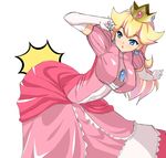  absurdres blonde_hair blue_eyes breasts brooch crown dress earrings elbow_gloves flipped_hair frilled_dress frills gloves highres hip_attack jewelry large_breasts long_hair mario_(series) mokkori9 pink_dress princess_peach solo super_mario_bros. white_background white_gloves 