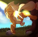  absurd_res applejack_(mlp) blonde_hair cowboy_hat cutie_mark day earth_pony equine eyes_closed female feral freckles friendship_is_magic fur grass hair hat hi_res hooves horse inner_ear_fluff long_hair madacon mammal my_little_pony open_mouth orange_fur outside pony sky solo tree 