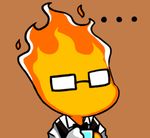  1boy bow bowtie brown_background chibi cleaning cup drinking_glass fire glasses grillby gyate_gyate lowres male_focus rag shot_glass simple_background solo undertale upper_body vest yaruky 
