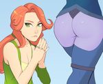  2girls ass bare_shoulders blue_background blue_legwear breasts cleavage defense_of_the_ancients dota_2 green_eyes greenmarine looking_at_viewer lyralei meme multiple_girls purple_skin red_hair simple_background small_breasts thighhighs traxex 