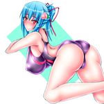  alternate_hairstyle ass blush breasts competition_swimsuit covered_nipples food fruit hair_ornament hair_ribbon harumi_(harumix) hinanawi_tenshi huge_breasts impossible_clothes impossible_swimsuit one-piece_swimsuit peach red_eyes ribbon smile solo swimsuit touhou 