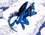  blue_skin cute dragon horn ice ice_dragon jewelry lying on_side plates predaguy shy skaoi spikes water wings 