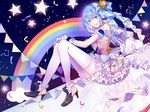  bloomers blue_bow blue_eyes blue_hair bow confetti constellation decorator_(vocaloid) dress frilled_dress frills hair_bow hands_on_own_knees hatsune_miku high_heels highres long_hair open_mouth petticoat project_diva_(series) rainbow reflection saegusa_(ainginging) short_dress sitting solo star string_of_flags thighhighs underwear vocaloid white_legwear 