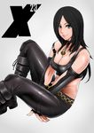  black_hair breasts character_name cholesenel cleavage collar crop_top fingerless_gloves gloves green_eyes groin highres large_breasts long_hair marvel midriff shiny smile solo strap_slip x-23 