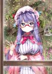  artist_name bespectacled blue_bow blush book bow crescent crescent_hair_ornament dress fish glasses hair_bow hair_ornament hat highres long_hair long_sleeves looking_at_viewer mob_cap patchouli_knowledge popuru purple_eyes purple_hair rain red-framed_eyewear red_bow sidelocks solo striped striped_dress touhou wide_sleeves window 