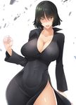  1girl absurdres angry black_dress black_hair blush breasts cleavage covered_navel curvy dress erect_nipples fubuki_(one-punch_man) green_eyes haganef large_breasts looking_at_viewer one-punch_man open_mouth solo taut_clothes wide_hips 