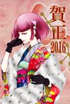  2016 black_gloves blue_eyes from_side fur-trimmed_kimono fur-trimmed_shawl fur_trim furisode gloves gundam haman_karn haori japanese_clothes kimono layered_clothing masaki3 obi pink_hair print_kimono sash shawl short_hair smile solo unmoving_pattern zeta_gundam 