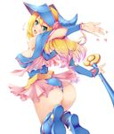  1girl ass blonde_hair blush boots breasts dark_magician_girl female green_eyes hat heart long_hair looking_back nksk open_mouth sideboob simple_background solo staff turning wedgie wizard_hat yu-gi-oh! 