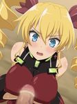  1girl bare_shoulders blonde_hair blue_eyes blush breasts claire_harvey drill_hair erect_nipples fellatio hundred large_breasts long_hair miyamaya open_mouth sweat twintails 