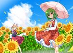  ascot black_shirt blonde_hair blue_eyes blue_sky bow cloud collared_shirt day expressionless flower frilled_skirt frills garden_of_the_sun green_hair hair_between_eyes hair_ribbon hand_in_hair highres holding holding_umbrella kazami_yuuka long_sleeves looking_at_another looking_at_viewer mameda_(artist) medicine_melancholy multiple_girls parasol parted_lips petals plaid plaid_skirt plaid_vest red_eyes red_skirt red_vest ribbon ribbon-trimmed_clothes ribbon-trimmed_skirt ribbon_trim shiny shiny_hair shirt short_hair skirt skirt_set sky smile stand sunflower touhou umbrella vest white_legwear white_shirt wind 