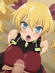  1girl bare_shoulders blonde_hair blue_eyes blush breasts censored claire_harvey drill_hair erect_nipples fellatio hundred large_breasts long_hair looking_at_viewer miyamaya open_mouth squatting sweat tongue tongue_out twintails 