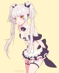  :o apron artist_name bare_shoulders black_bow black_skirt blush bow breasts cleavage detached_collar detached_sleeves elsword eve_(elsword) facepaint facial_mark frilled_skirt frills gloves grater grey_hair hair_bow hair_ornament highres long_hair maid medium_breasts open_mouth orange_eyes puffy_short_sleeves puffy_sleeves ribbon ryu_nim short_sleeves silver_hair simple_background skirt solo stomach strapless tied_hair twintails waist_apron white_apron wrist_cuffs yellow_background 