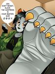  big_breasts black_hair breasts claws clothing dialogue digital_media_(artwork) domination fangs feet female female_domination first_person_view foot_fetish foot_focus foot_scrunch gloves hair homestuck horn humanoid implied_lick looking_at_viewer ms_paint_adventures nepeta nepeta_leijon open_mouth pointy_toenails scrunch simple_background submissive submissive_pov toenails toes troll_(homestuck) 
