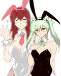  :d akagi_(kantai_collection) animal_ears bow breasts bunny_ears bunnysuit closed detached_collar eyes fake_animal_ears green_eyes green_hair hand_on_own_chest highres kantai_collection karakure_(kamo-nanban) large_breasts long_hair medium_breasts multiple_girls necktie open_mouth pantyhose red_hair simple_background size_difference smile twintails waving white_background wrist_cuffs zuikaku_(kantai_collection) 
