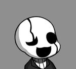  chibi grey_background greyscale gyate_gyate lowres monochrome no_humans open_mouth ribbed_sweater simple_background smile solo sweater turtleneck undertale uneven_eyes upper_body w.d._gaster yaruky 