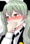  anchovy anzio_school_uniform black_ribbon blush covering_mouth girls_und_panzer green_hair han_(jackpot) hand_over_own_mouth necktie red_eyes ribbon solo spoken_blush sweatdrop twintails uniform white_background 