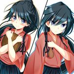  :| black_hair blue_eyes closed_mouth commentary_request holding holding_plate holding_spoon houshou_(kantai_collection) japanese_clothes kantai_collection long_hair looking_at_viewer multiple_views open_eyes plate ponytail sazamiso_rx smile spoon tareme tsurime v-shaped_eyebrows 