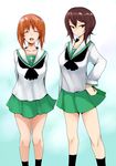  ^_^ arms_behind_back black_legwear brown_eyes brown_hair closed_eyes girls_und_panzer green_skirt han_(jackpot) hand_on_hip miniskirt multicolored multicolored_background multiple_girls nishizumi_maho nishizumi_miho ooarai_school_uniform school_uniform short_hair siblings skirt 