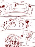  airfield_hime arms_up closed_eyes comic commentary_request dress enemy_aircraft_(kantai_collection) go_back! hat horns kantai_collection lifebuoy long_hair mittens monochrome multiple_girls northern_ocean_hime open_mouth pillow running sako_(bosscoffee) sleeping sleeveless sleeveless_dress straw_hat translation_request 