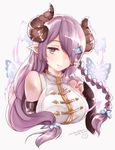  1girl bare_shoulders black_gloves braid breasts cow_girl cow_horns dress elbow_gloves female fingerless_gloves furiten gloves granblue_fantasy hair_ornament hair_over_one_eye hairclip horns large_breasts long_hair looking_at_viewer narumeia_(granblue_fantasy) pointy_ears purple_eyes purple_hair simple_background solo upper_body white_background 