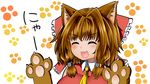  :3 animal_ears breasts brown_hair cat_ears cat_paws fang hair_ribbon hakurei_reimu happy kemonomimi_mode large_breasts looking_at_viewer nysan open_mouth paw_print paws ribbon solo touhou 