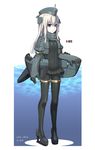  2016 blue_eyes bodysuit character_name closed_mouth dated eyebrows eyebrows_visible_through_hair full_body hat high_heels kantai_collection long_hair machinery number solo standing tonami_kanji u-511_(kantai_collection) water white_hair 