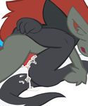  2016 anthro butt canine claws cum cum_inside cum_on_butt cum_on_knot dragon fluffy fox fur grey_fur hair john_(johnithanial) johnithanial knot male mammal nintendo orgasm pok&eacute;mon sex triti video_games zoroark 